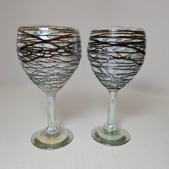 Unique Hand Blown Art Glass 2 Goblets With Chocolate Web Design Over White Base - Picture 1 of 12